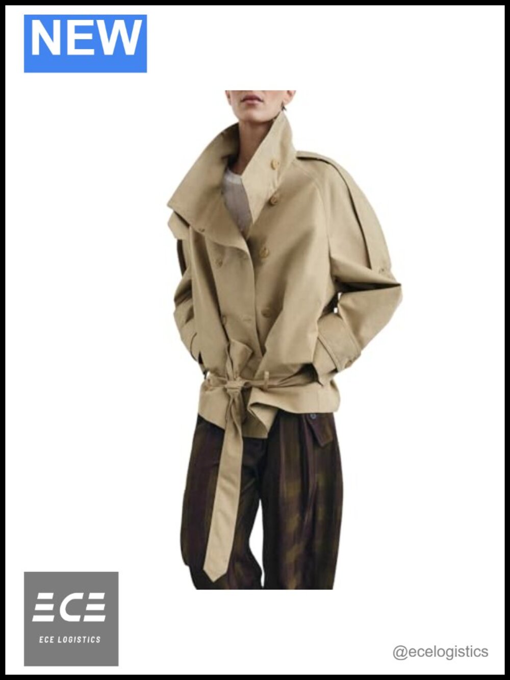 Cropped Trench Coat Women Funnel Neck Double Breasted Belted